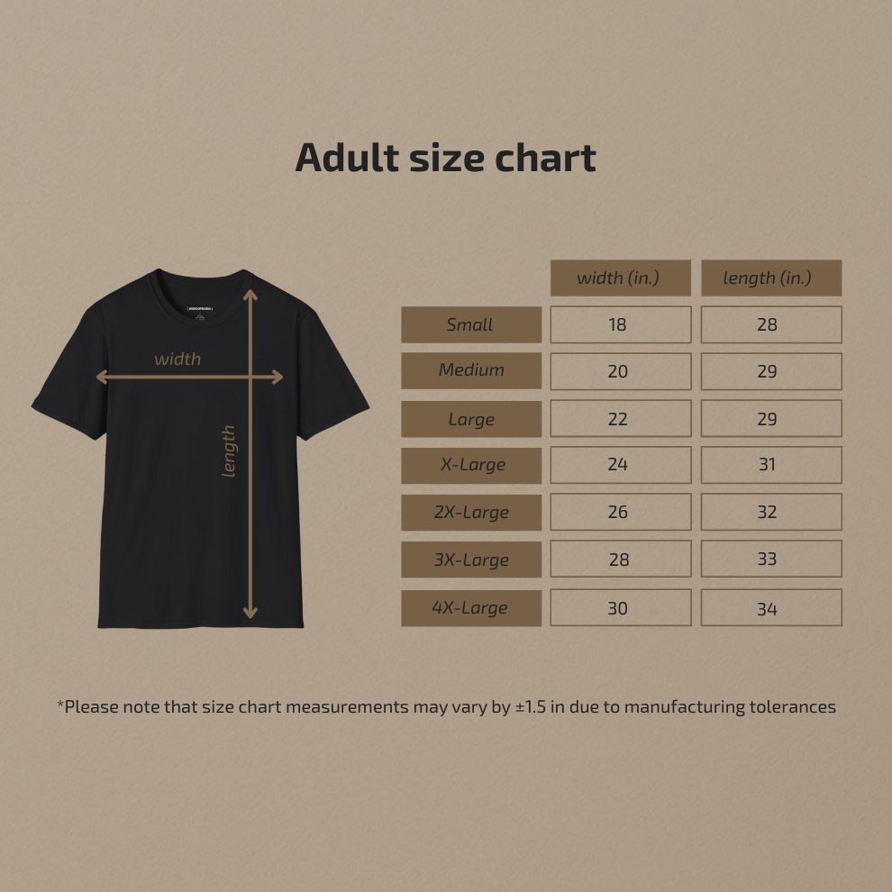 Black t-shirt with size chart on a beige background