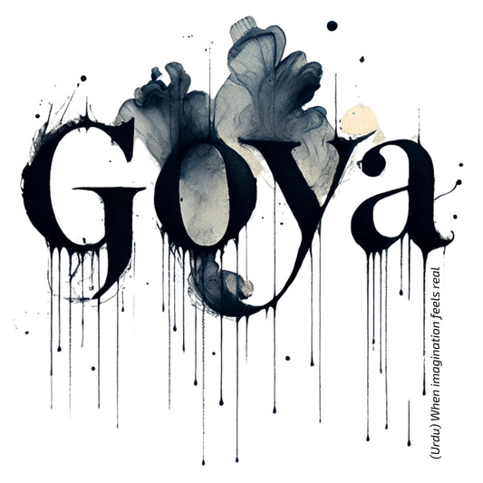 Artistic depiction of the word 'Goya' with black ink splashes on a white background