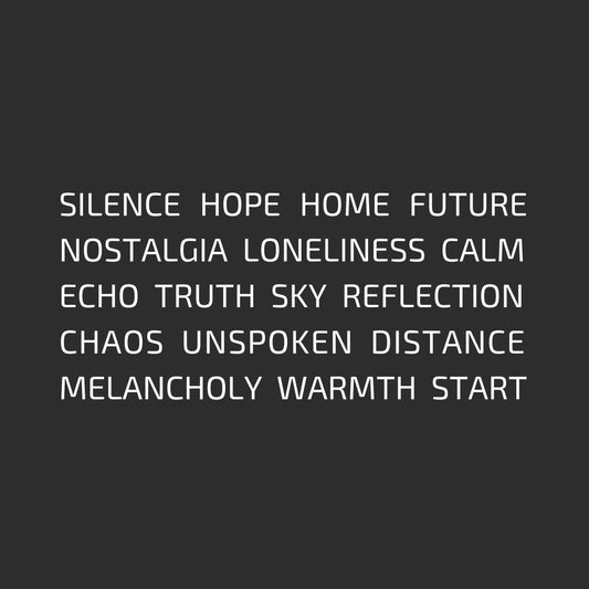 Black background with white text listing emotions and concepts. Enlarged design of minimalist word cube t-shirt with meaningful words