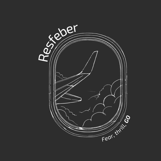 Enlarged design of minimalist t-shirt with the Swedish word “Resfeber” in black