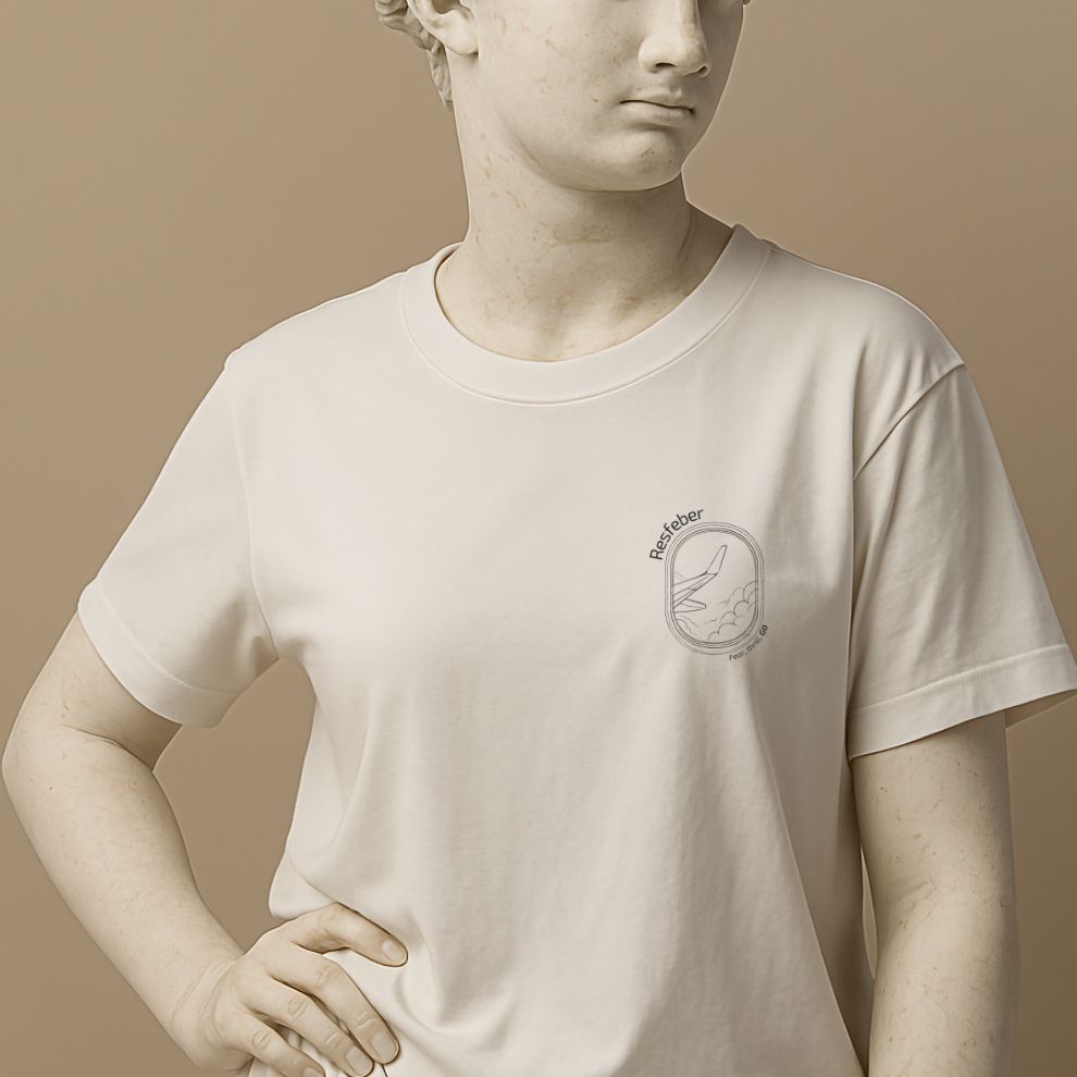 Minimalist t-shirt with the Swedish word “Resfeber” in white cotton on the statue
