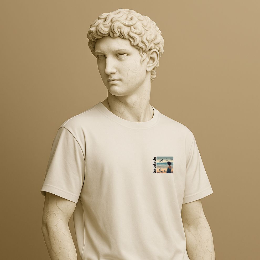 Unisex cotton t-shirt with the word “Saudade” on the statue. Portuguese term for nostalgic longing. Available in black and white.