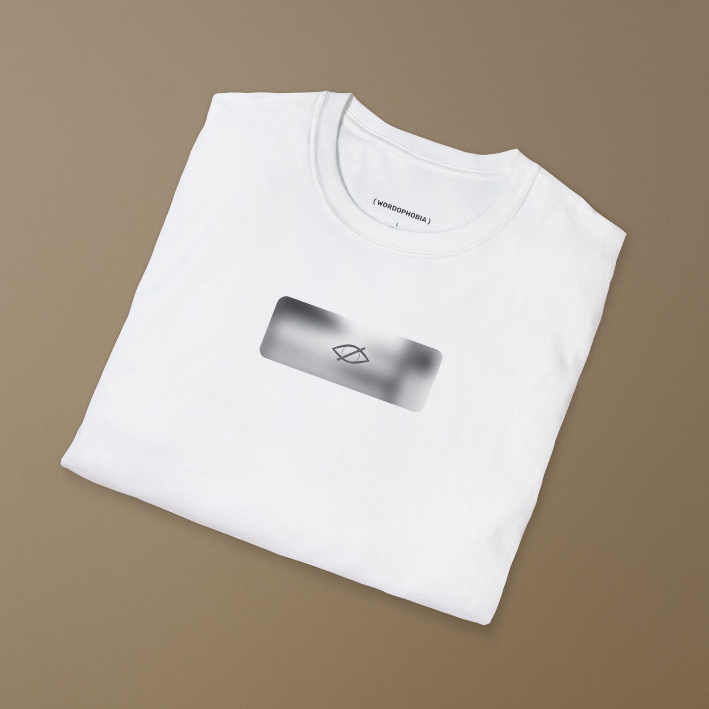 Folded white t-shirt with a a small blurred symbol "Sensitive content" on a beige background