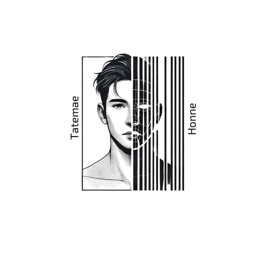 Black and white illustration of a man with 'Tatemae' and 'Honne' text on a white background