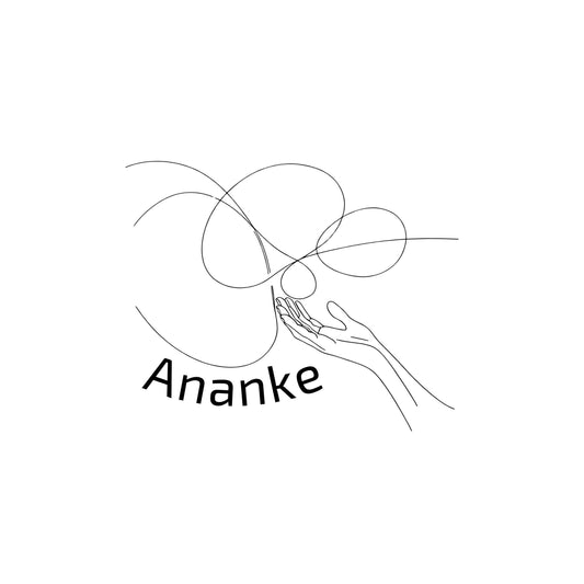 Enlarged design of unisex minimalist t-shirt with the ancient greek word “Ananke”