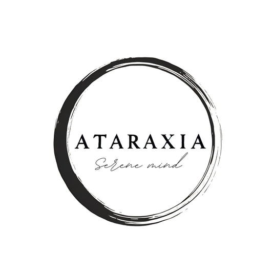 Enlarged design of unisex minimalist t-shirt with the ancient greek word “Ataraxia”
