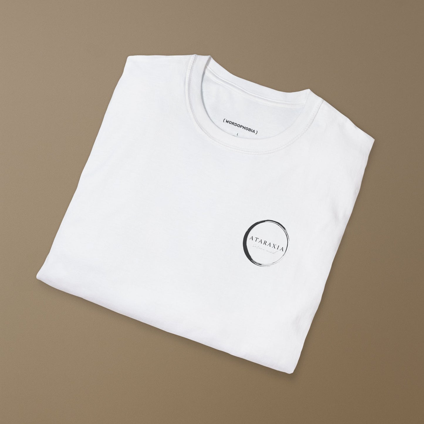 Unisex folded t-shirt with the word “Ataraxia” in soft white cotton