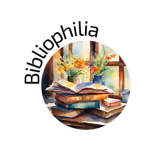 Enlarged T-shirt design with watercolor painting with pile of books and flowers near the window and text "Bibliophilia"