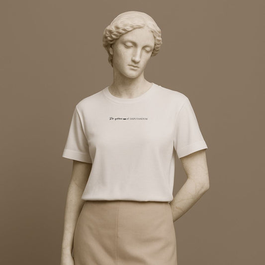 Statue wearing a white t-shirt with Latin phrase De Gustibus Non Est Disputandum on a beige background