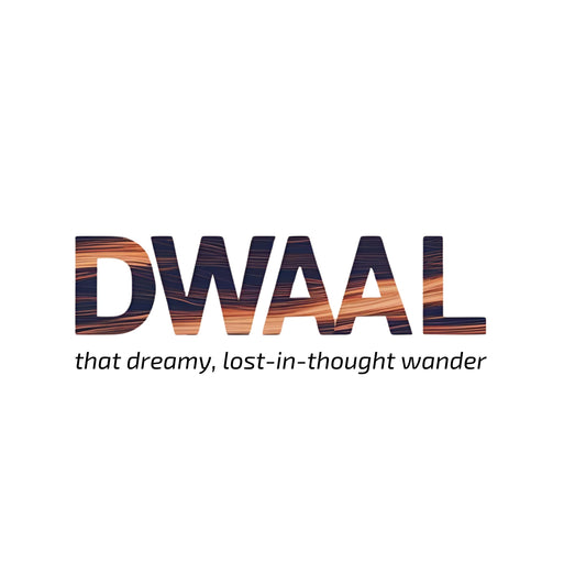 Enlarged design for T-shirt with a colorful text 'DWAAL' on a white background with descriptive text below "that dreamy, lost-in-thought wander"