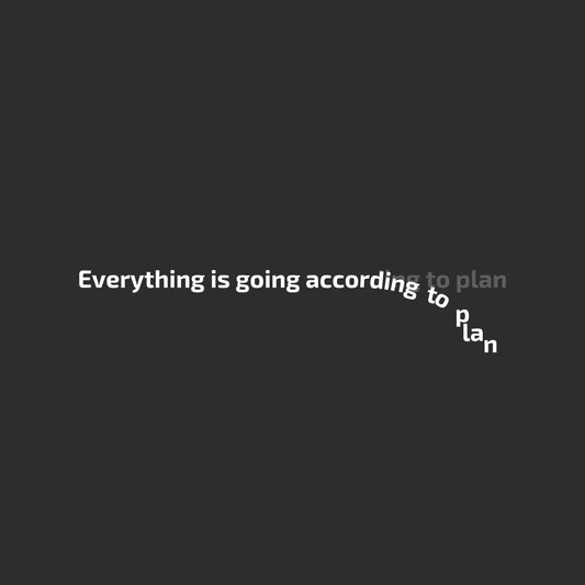 Enlarged design of minimalist T-shirt with “Everything is going according to plan” text slipping downward