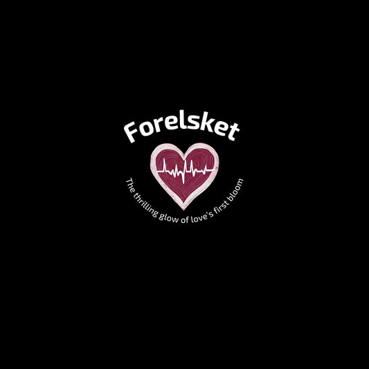 Logo with a heart with a beat and texts "Forelsket" and "The thrilling glow of love's first bloom" on a black background. Enlarged design for T-shirt