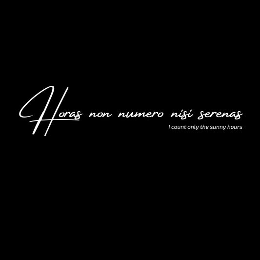 Black background with white text 'Horas non numero nisi serenas' and English translation 'I count only the sunny hours'. Enlarged design for a minimalist t-shirt
