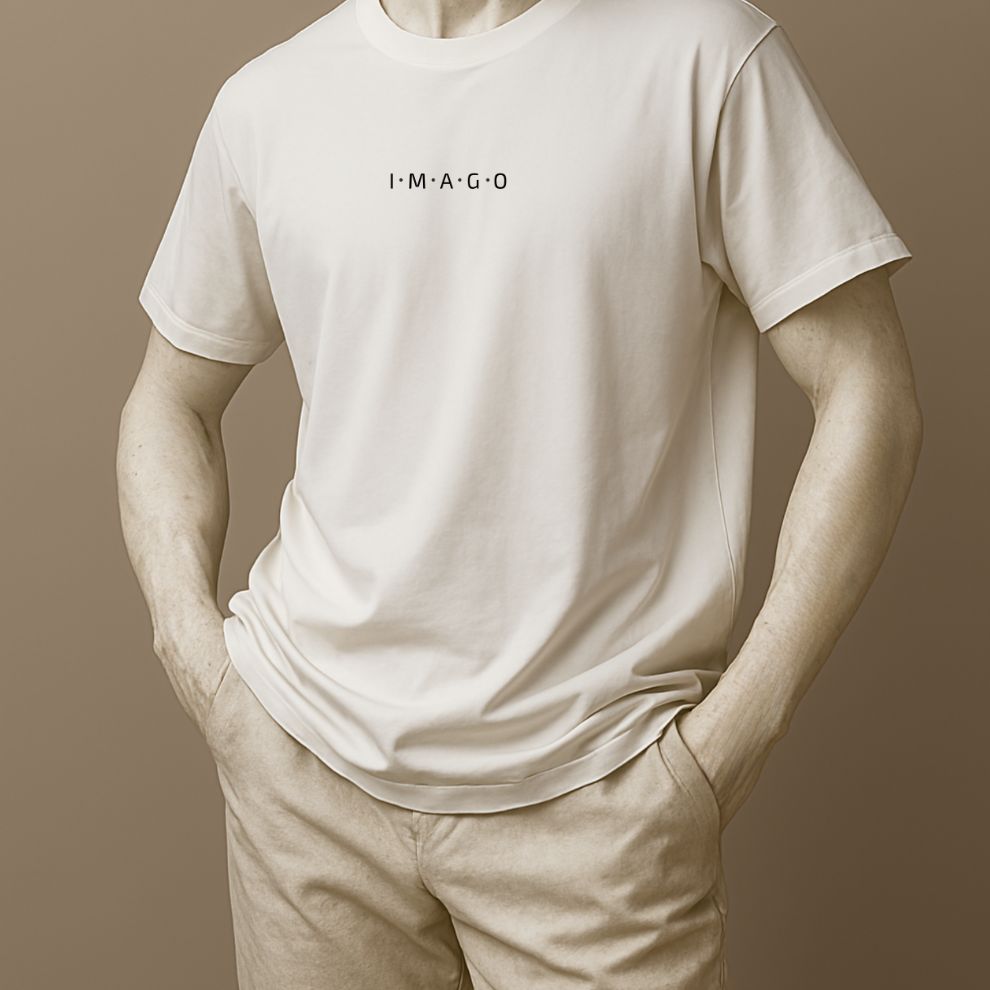 Unisex minimalist t-shirt with the word “Imago” in white color on the statue