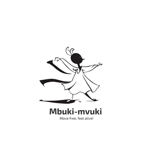 Graphic of Mbuki-mvuki with a stylized figure and text on a white background. Enlarged design for a minimalist T-shirt