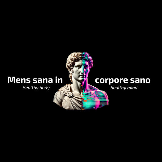 tatue with digital overlay and 'Mens sana in corpore sano' text on a black background. Enlarged design of Minimalist Latin T-shirt