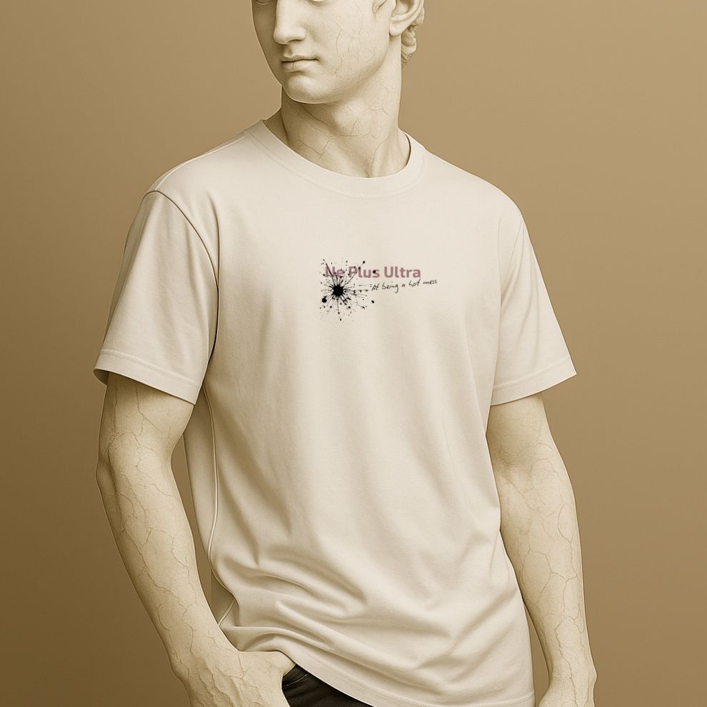 Minimalist T-shirt with Latin phrase Ne Plus Ultra at Being a Lot Mess in modern text design on the Roman statue.