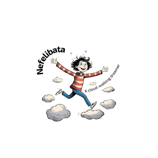 Enlarged design of a funny child running on clouds with 'Nefelibata' text and phrase "A cloud-walking dreamer"