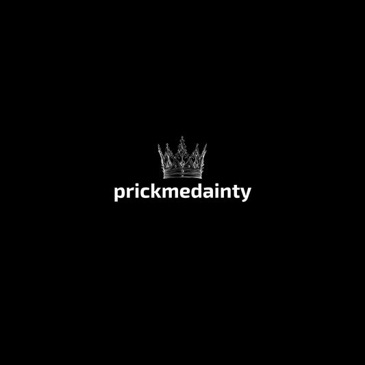 Enlarged design of a crown graphic with 'prickmedainty' text on a black background