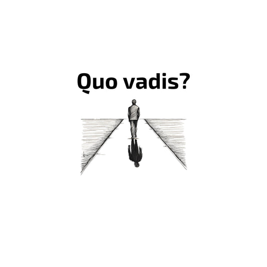 Black and white illustration of a person standing on a path with 'Quo vadis?' text above. Enlarged design for a minimalist t-shirt