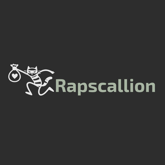 Enlarged design of 'Rapscallion' word with a stylized character on a black background