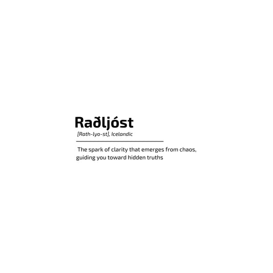 Text definition of 'Raðljóst' (Rathlyost) with phonetic spelling and meaning on a white background. Enlarged design for T-shirt