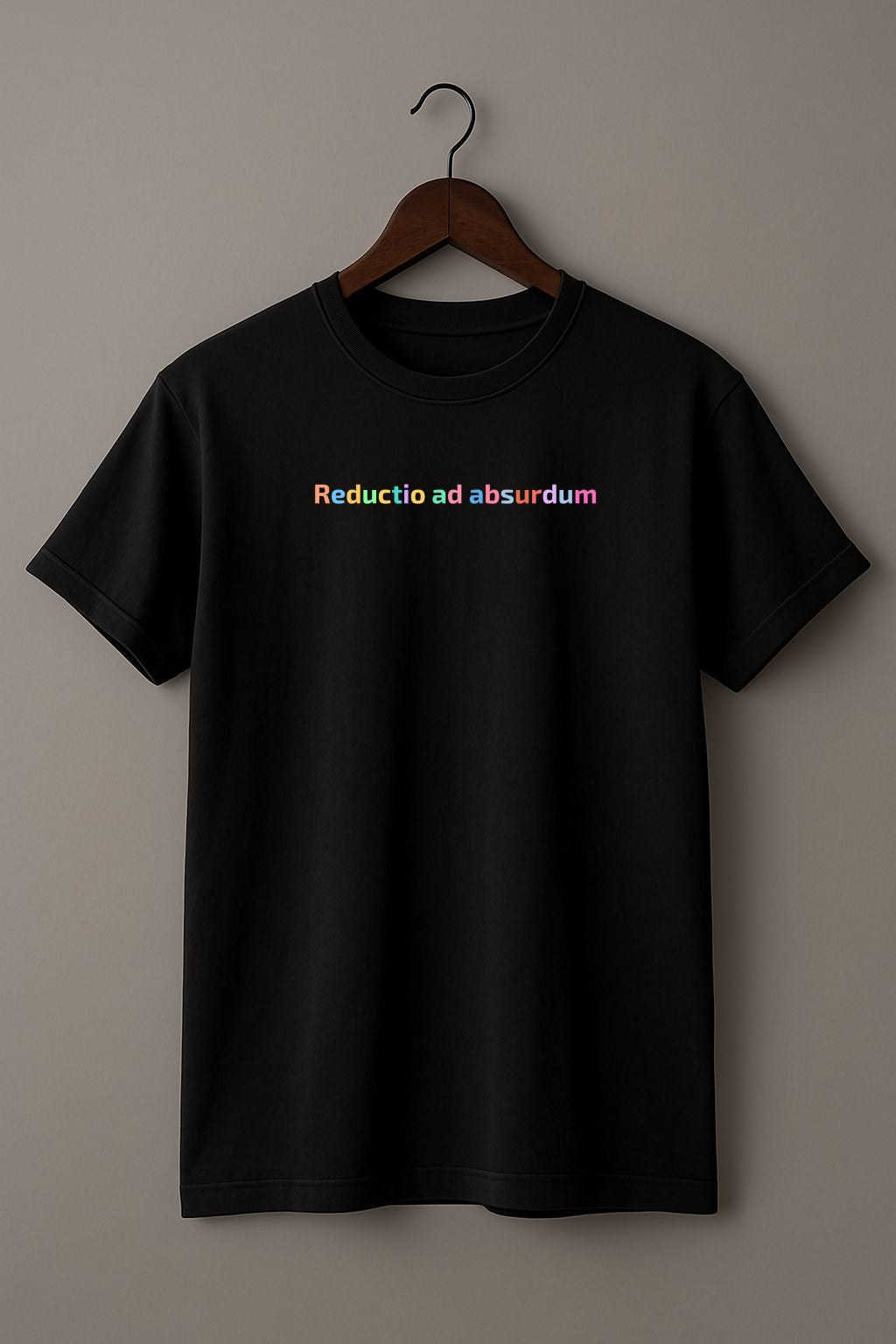 Mockup of unisex minimalist t-shirt with the Latin phrase “Reductio ad Absurdum” in soft black cotton