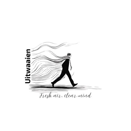 The Dutch word “Uitwaaien,” meaning “fresh air, clear mind,” with a small hand-drawn figure walking into the wind. Enlarged design for a minimalist T-shirt