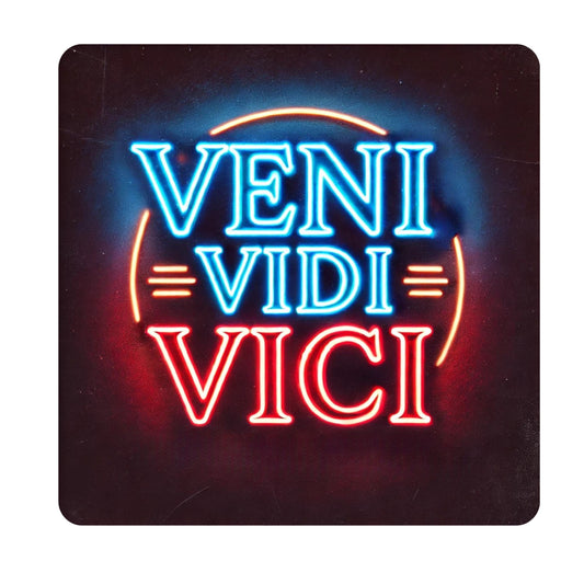 Neon sign with 'Veni Vidi Vici' text on a dark background. Enlarged design for a minimalist T-shirt