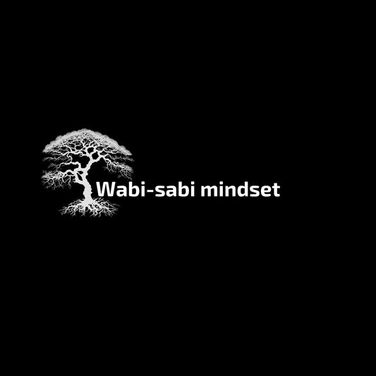 White tree icon with 'Wabi-sabi mindset' text on a black background. Enlarged design for T-shirt