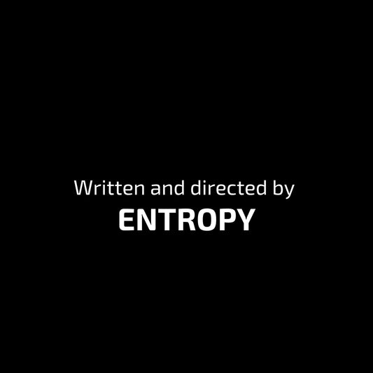 Enlarged design of unisex minimalist t-shirt with the phrase “Written and Directed by Entropy” on the black background