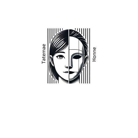 Black and white illustration of a face with 'Tatemae' and 'Honne' text on a white background. Enlarged design for T-shirt