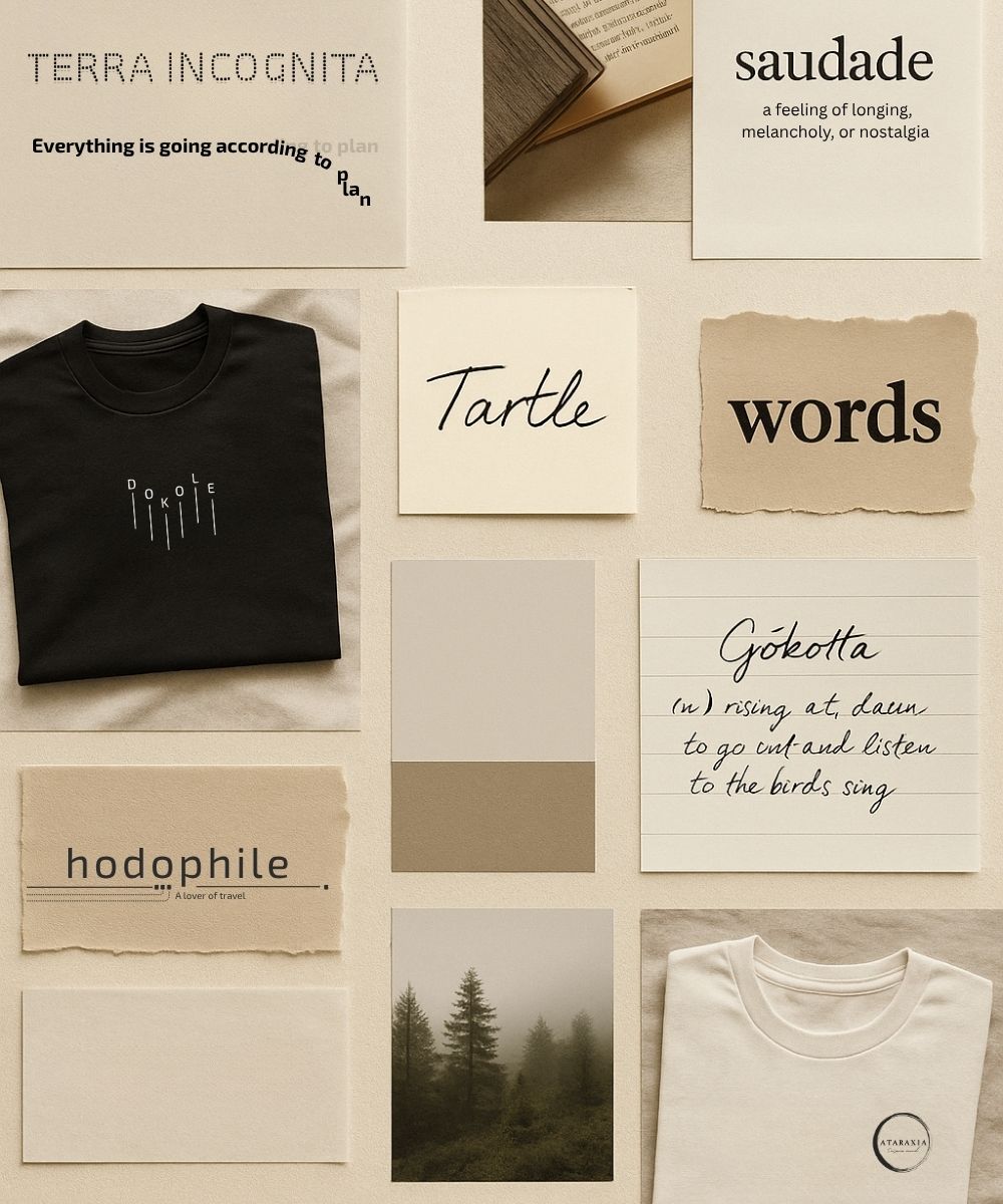 Flat lay photo of Wordophobia words, t-shirts, and notes