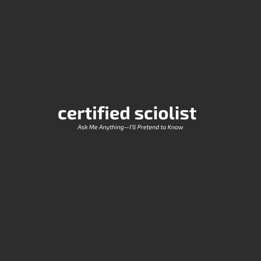 Enlarged design of funny minimalist t-shirt with the phrase “Certified Sciolist.” Unisex cotton tee in black or white. For lovers of language and irony.