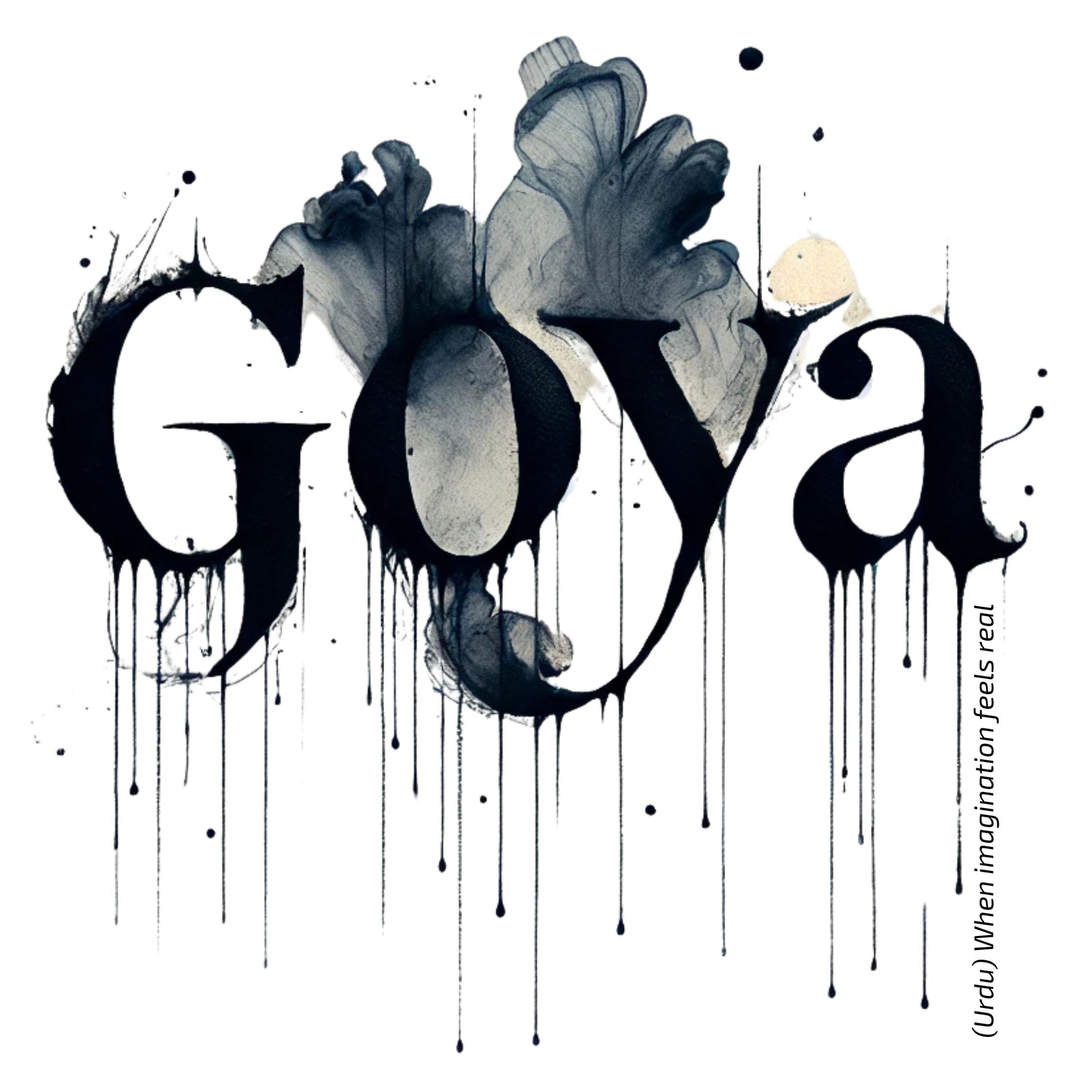 Artistic depiction of the word 'Goya' with black ink splashes on a white background