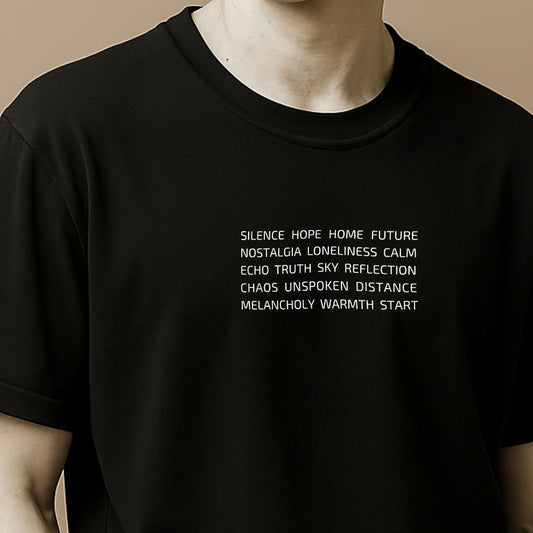 Minimalist word cube t-shirt with Silence, Hope, Truth, Reflection, Chaos, Melancholy, and other meaningful words in a clean design on the statue
