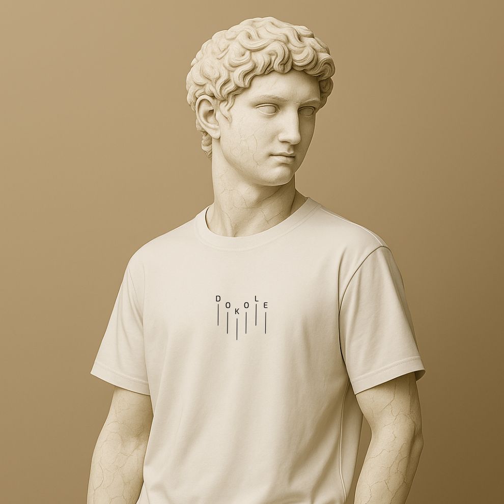 Unisex minimalist t-shirt with the word “Dokole” in white cotton on the statue