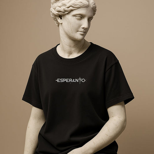 Minimalist cotton t-shirt with the word “Esperanto” in black cotton on the statue