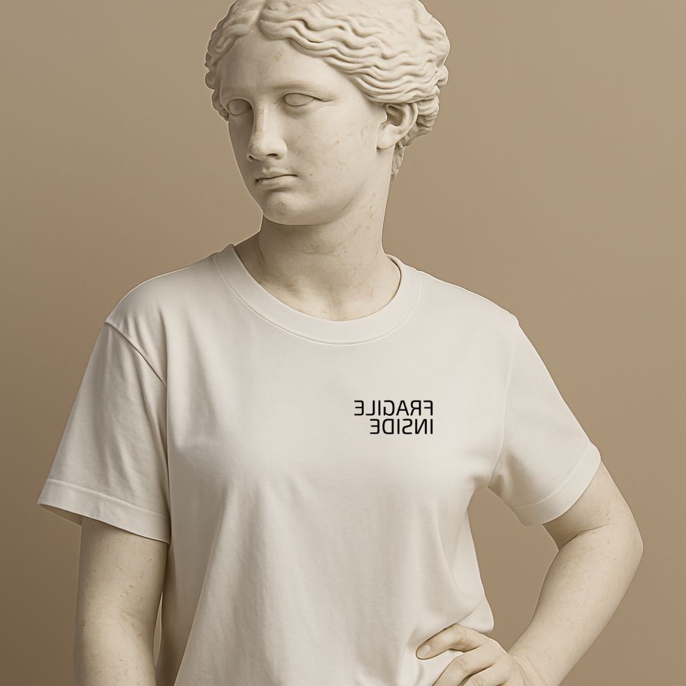 Minimalist folded t-shirt with phrase “Fragile Inside” in white cotton on the statue