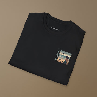 Unisex folded cotton black t-shirt with the word “Saudade.”