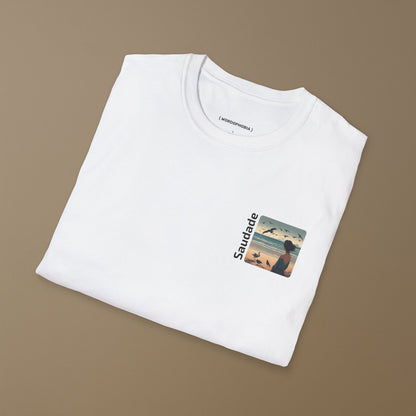 Unisex folded cotton t-shirt with the word “Saudade.” Portuguese term for nostalgic longing. Available in black and white.