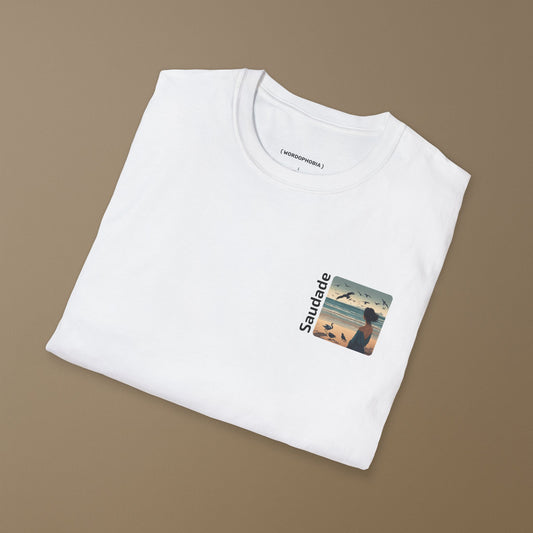 Unisex folded cotton t-shirt with the word “Saudade.” Portuguese term for nostalgic longing. Available in black and white.