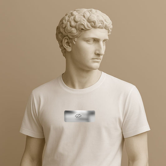 Statue wearing a white t-shirt with a small blurred symbol "Sensitive content" on a beige background