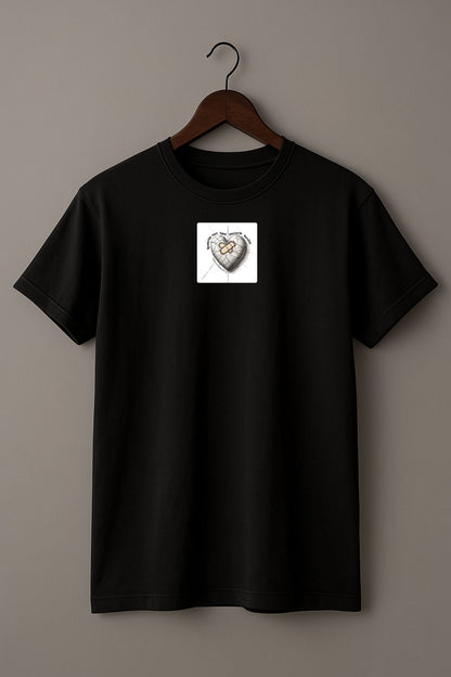 Black T-shirt with a small white patch featuring a design of heart with a bandage and cracked surface, featuring the Latin phrase “Quaerite non sani pectoris auxilia,” meaning “Seek remedies for a sick heart,” on a wood hanger against a plain background