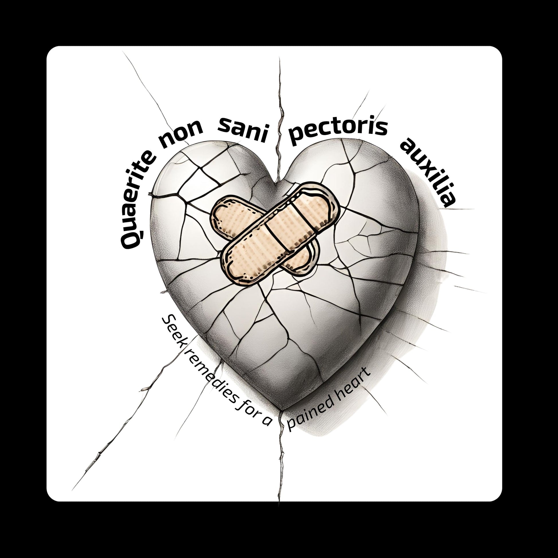 Heart with a bandage and cracked surface, featuring the Latin phrase “Quaerite non sani pectoris auxilia,” meaning “Seek remedies for a sick heart,” on a white background. Enlarged design for a minimalist t-shirt