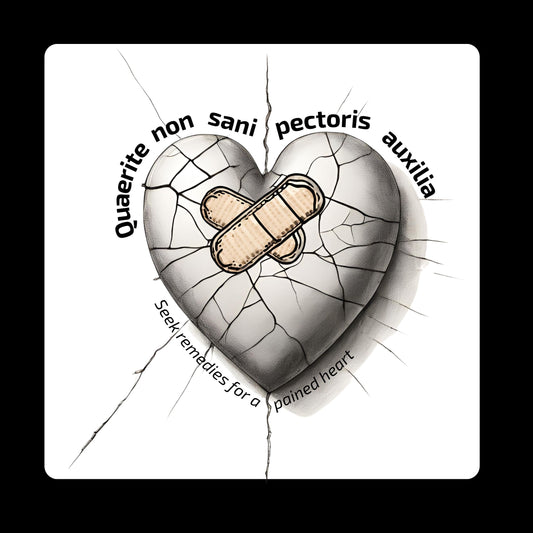 Heart with a bandage and cracked surface, featuring the Latin phrase “Quaerite non sani pectoris auxilia,” meaning “Seek remedies for a sick heart,” on a white background. Enlarged design for a minimalist t-shirt