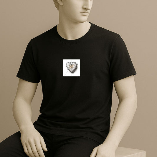 Statue wearing a black t-shirt with a heart design and the Latin phrase “Quaerite non sani pectoris auxilia,” meaning “Seek remedies for a sick heart,” on a beige background