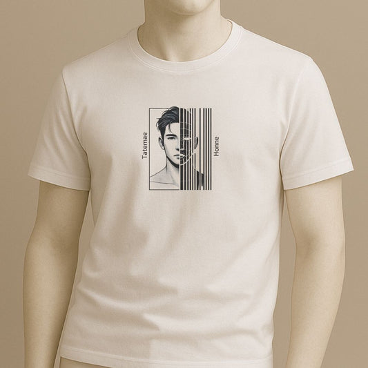 Statue wearing a white t-shirt with a Black and white illustration of a person with 'Tatemae' and 'Honne' text in a beige background