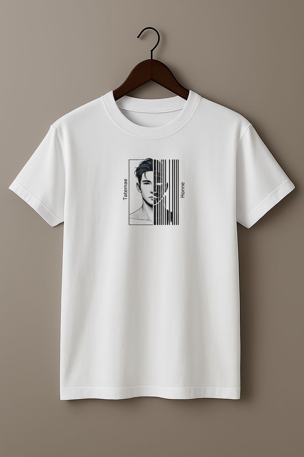 White t-shirt with a graphic design of a Black and white illustration of a man with 'Tatemae' and 'Honne' text  on a hanger against a beige background