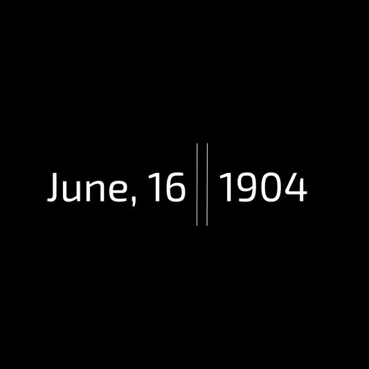 Enlarged design for minimalist t-shirt with the date 16 June 1904, a Bloomsday. White text on the black background.